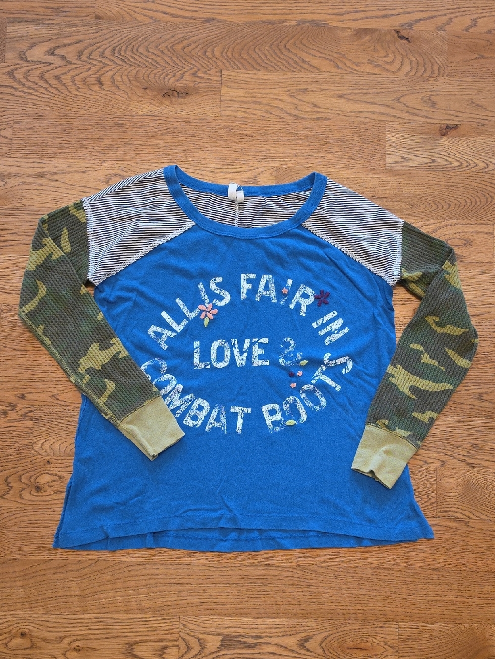 We The Free Blue Raglan Long-Sleeve Top with Camo Sleeves